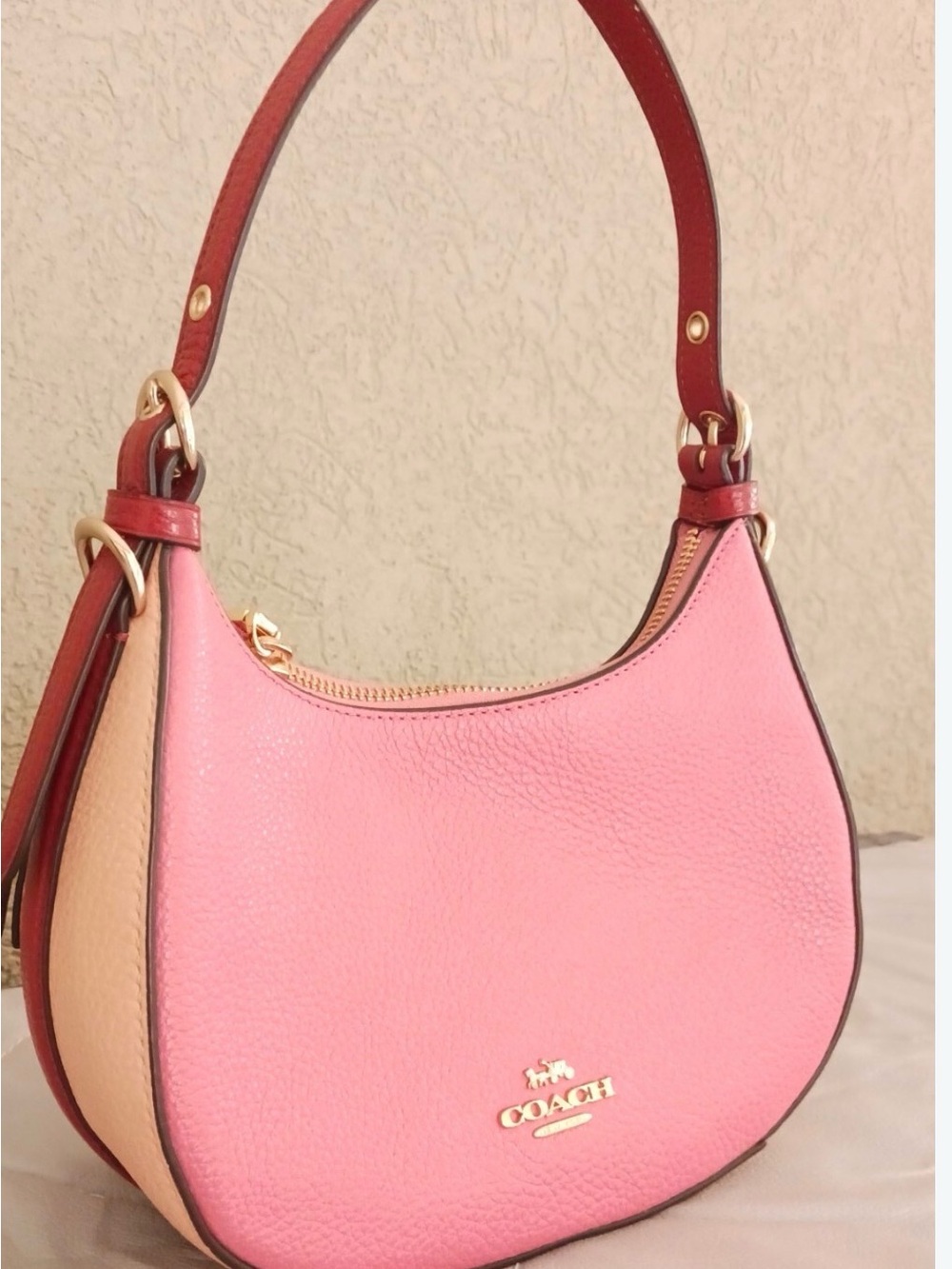 COACH Pink, Cream & Red Pebbled Leather Shoulder Bag